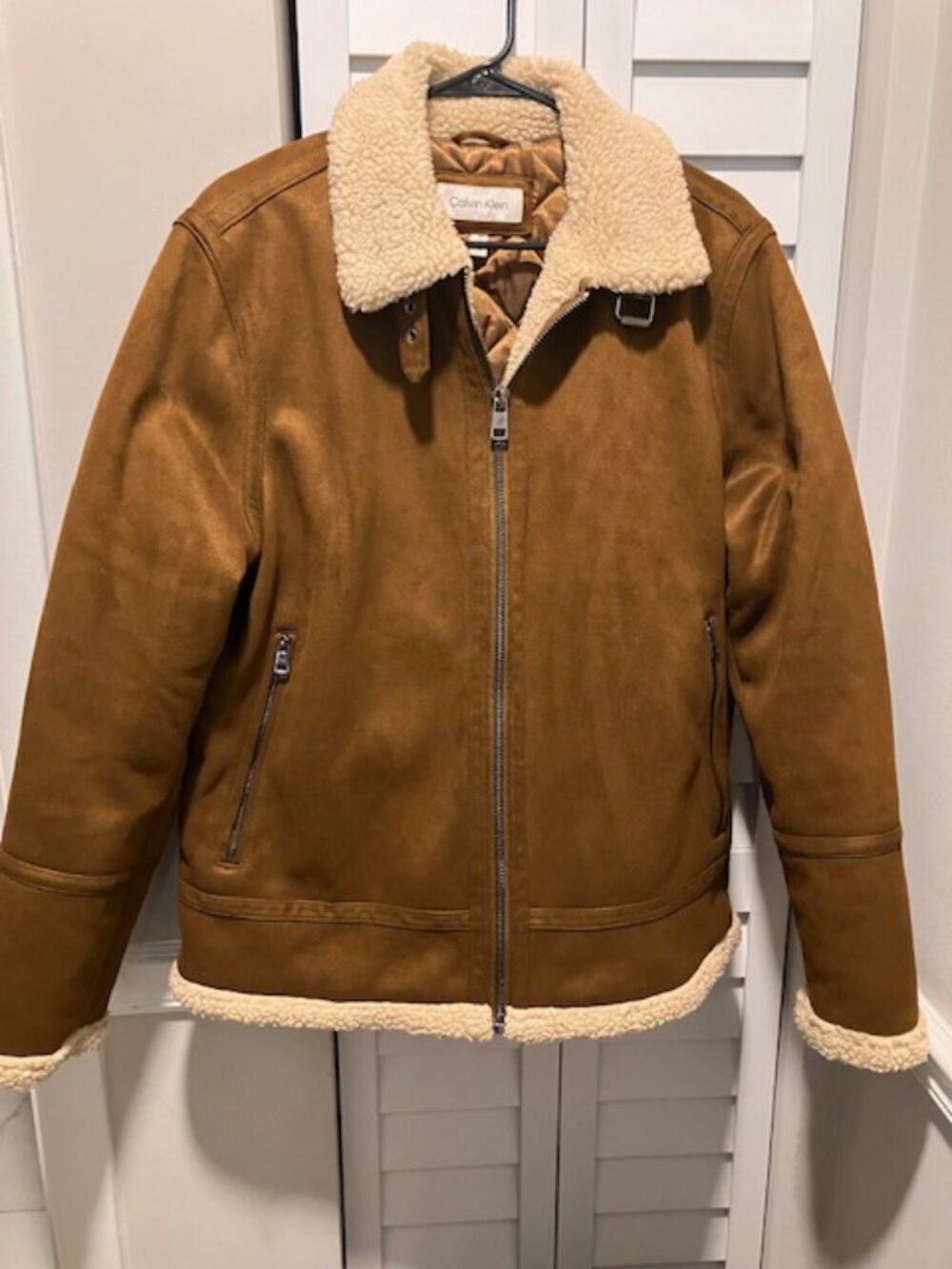 Calvin Klein Men's Brown Faux Suede Sherpa Lined Flight Bomber Jacket Medium